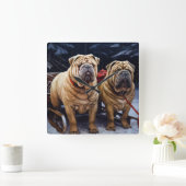 Shar Pei Snowy Sleigh Weihnachtsdekor Quadratische Wanduhr (Zuhause)