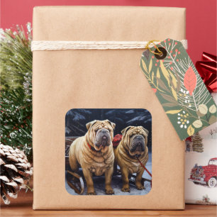 Shar Pei Snowy Sleigh Weihnachtsdekor Quadratischer Aufkleber