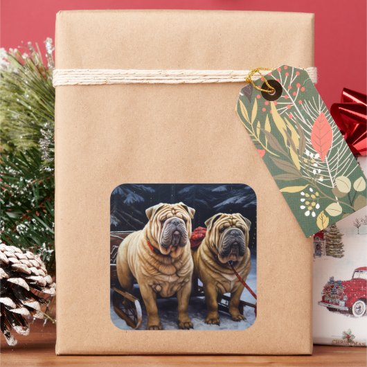 Shar Pei Snowy Sleigh Weihnachtsdekor Quadratischer Aufkleber (Feiertag)