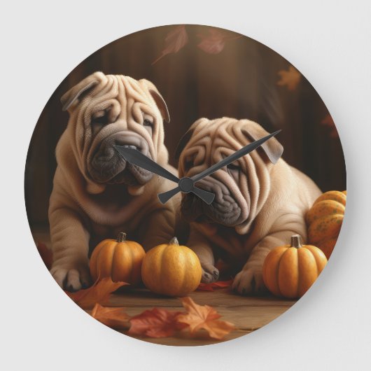 Shar Pei Welppy Autumn Delight Pumpkin Große Wanduhr (Vorderseite)