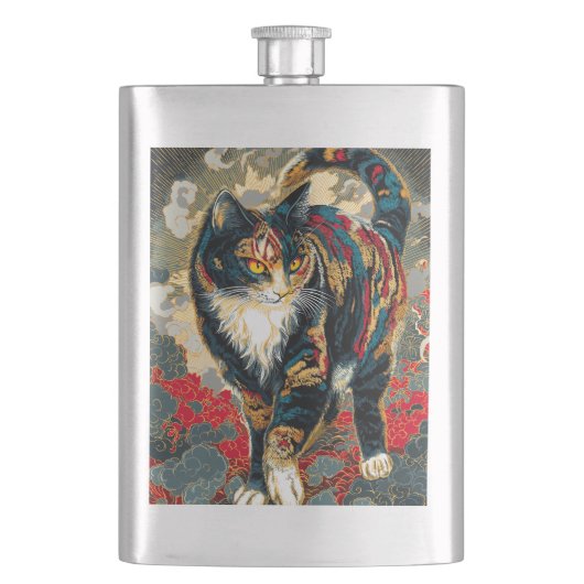 Sharaku Style Kabuki Lucky Cat Flachmann (Vorderseite)