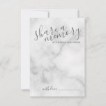 'Share a Memory' Elegant Marble Script Hochzeit Hinweiskarte<br><div class="desc">Fügen Sie Ihrer Hochzeit eine persönliche Touch mit einem modernen Skript Hochzeitsratschlag und Wunschkarte hinzu. Diese Karte enthält den Titel "gemeinsame Erinnerung" in grau-modernen Kalligraphie-Schriftart Stil und Details in grau modernen Sans Serif Schriftart Stil auf weißem Marmor Hintergrund.</div>