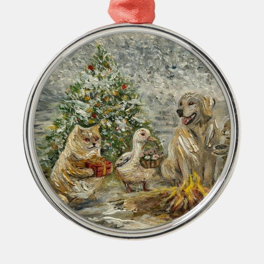 Shared Warmth Whimsical Farmhouse Animals Campfire Ornament Aus Metall (Vorne)