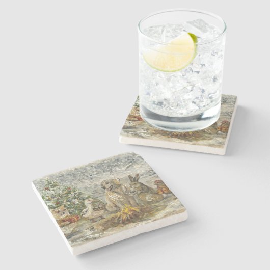 Shared Warmth Whimsical Farmhouse Animals Campfire Steinuntersetzer (Seitenansicht)