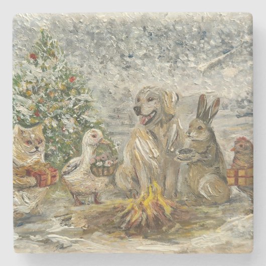 Shared Warmth Whimsical Farmhouse Animals Campfire Steinuntersetzer (Vorderseite)
