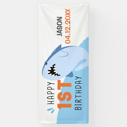 Shark 1st Birthday Party Boys Name Custom Banner (Vertikal)