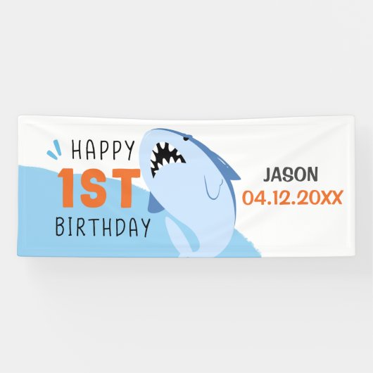 Shark 1st Birthday Party Boys Name Custom Banner (Horizontal)