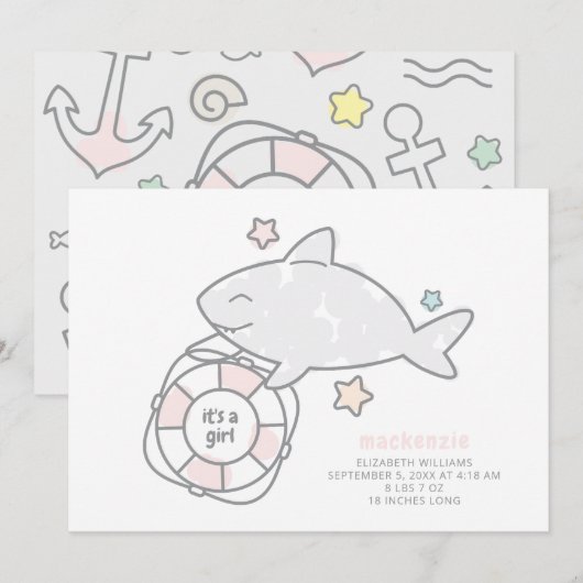 Shark Ahoy Baby Girl Birth Ankündigung (Vorne/Hinten)