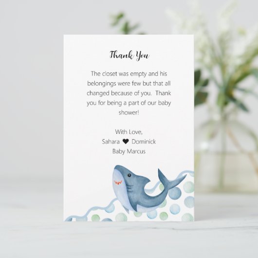 Shark Baby Dusche Danke Karte (Stehend Vorderseite)