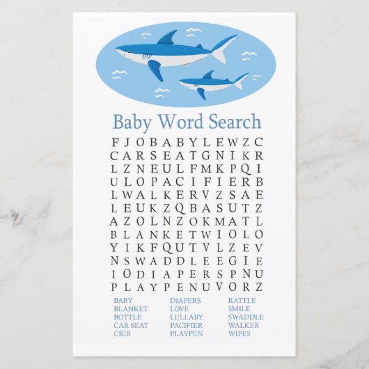 Shark Baby Shower Word Search Game (Vorderseite)