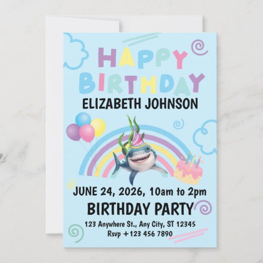 Shark Birthday Invitation in Blue Einladung (Vorderseite)