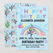 Shark Birthday Invitation in Blue Einladung (Vorne/Hinten)