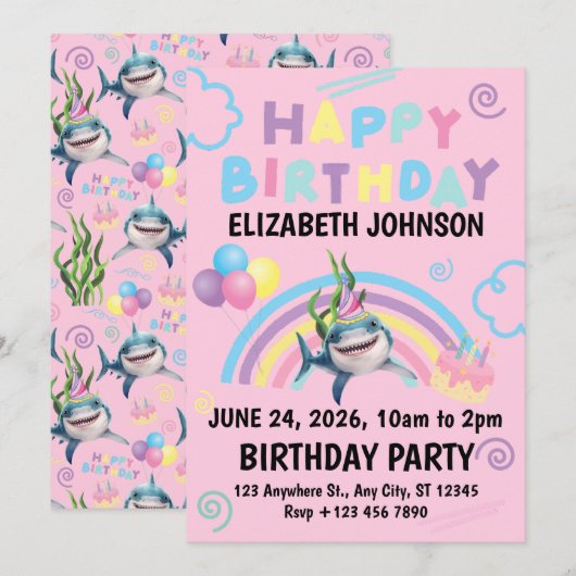 Shark Birthday Invitation in Pink Einladung (Vorne/Hinten)