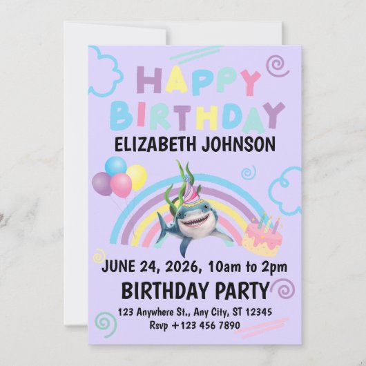 Shark Birthday Invitation in Purple Einladung (Vorderseite)
