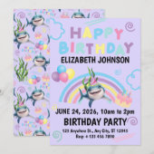 Shark Birthday Invitation in Purple Einladung (Vorne/Hinten)