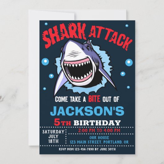 Shark Birthday Invitation - Shark Attack Party Einladung (Vorderseite)