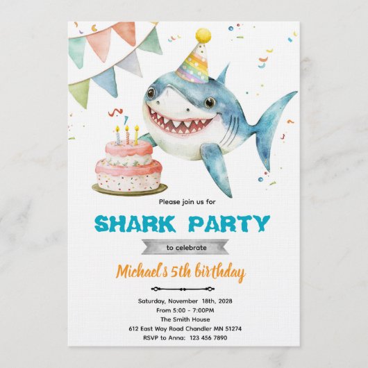 Shark birthday party invitation einladung (Vorderseite)