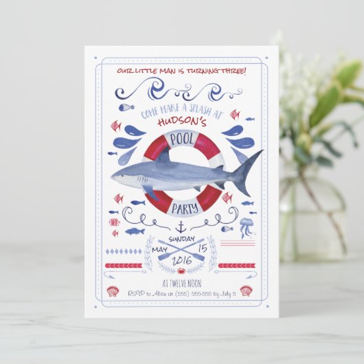 Shark Birthday Pool Party Einladung (Stehend Vorderseite)