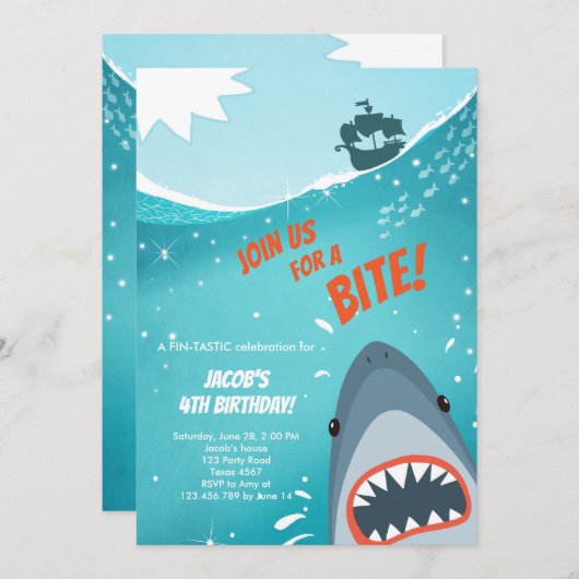 Shark Birthday Pool Party Junge Haifisch Bite Bait Einladung (Vorne/Hinten)