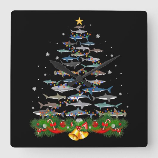 Shark Christmas Tree Shark Lovers Ohrts Quadratische Wanduhr (Vorderseite)