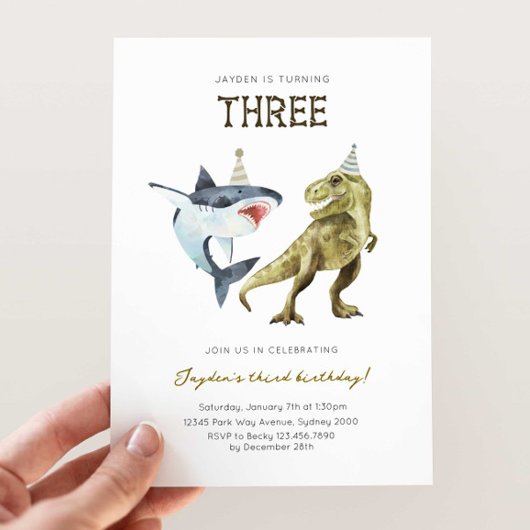 Shark & Dino 3rd B'day Invite, T-rex Shark Party Einladung