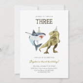 Shark & Dino 3rd B'day Invite, T-rex Shark Party Einladung (Vorderseite)