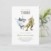Shark & Dino 3rd B'day Invite, T-rex Shark Party Einladung (Stehend Vorderseite)