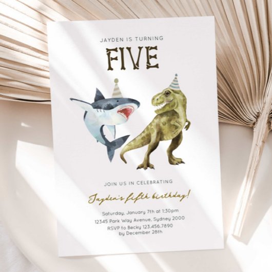 Shark & Dino 5th B'day Invite, T-rex Shark Party Einladung