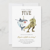 Shark & Dino 5th B'day Invite, T-rex Shark Party Einladung (Vorderseite)