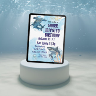 Shark Infested Birthday, realistic watercolor Einladung