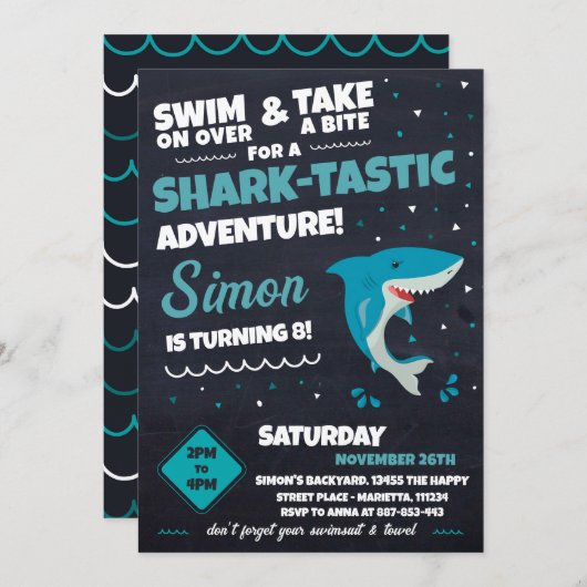 Shark Invitation for Birthday Pool Party Bite Einladung (Vorne/Hinten)