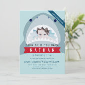 Shark Light Blue Pool Boy Foto Geburtstag Einladung (Stehend Vorderseite)