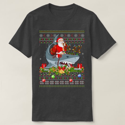 Shark Lover Ugly Santa Riding Hai Weihnachten T-Shirt (Design vorne)