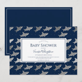 Shark Pattern Dark Blue Gray Baby Dusche Einladung