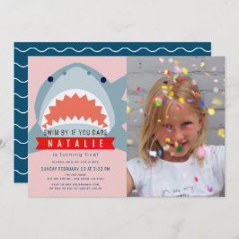 Shark Pink & Navy Blue Pool Foto Girl Birthday Einladung