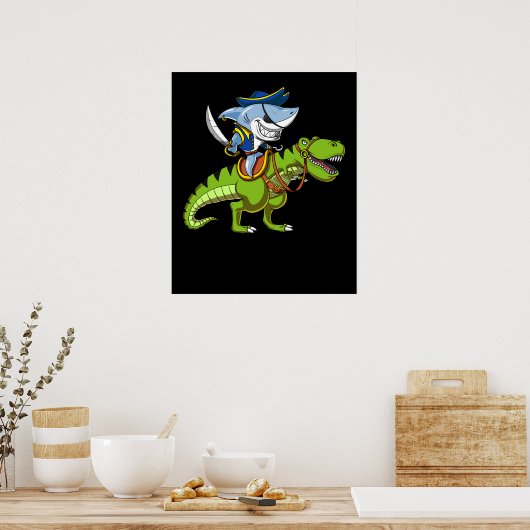 Shark Pirate Riding A T-Rex Dinosaur Fantasy Poster (Küche)
