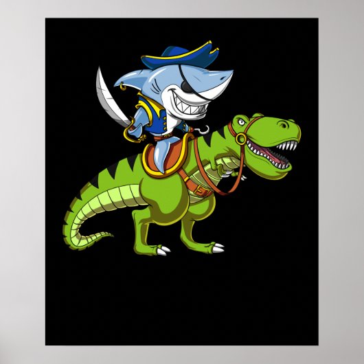 Shark Pirate Riding A T-Rex Dinosaur Fantasy Poster (Vorne)