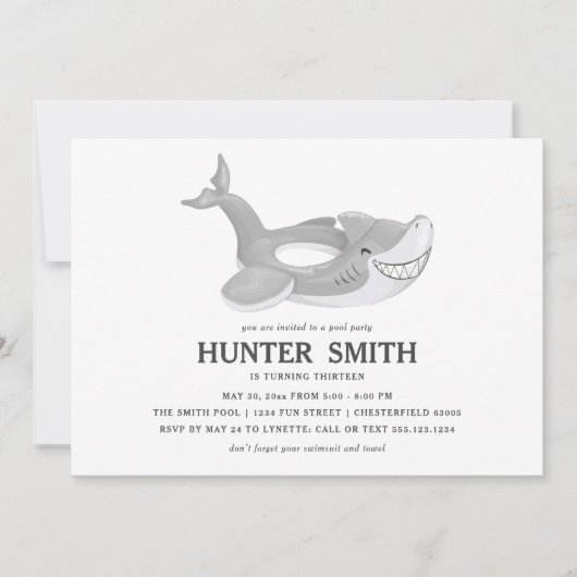 Shark Pool Float Geburtstagspool Party Einladung (Vorderseite)