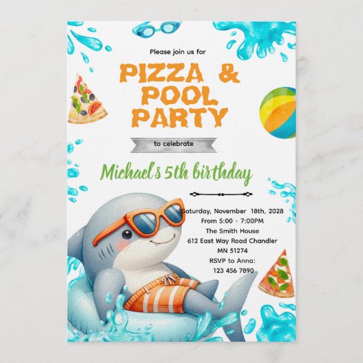 Shark Pool pizza Party Birthday Invite Einladung (Vorderseite)