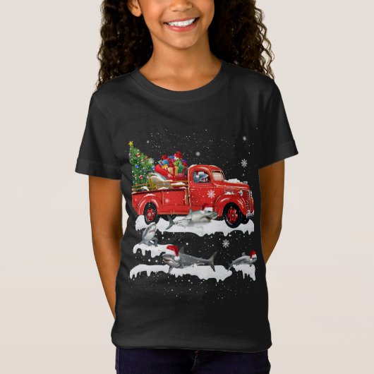 Shark Riding Red Truck Frohe Weihnachts Weihnachte T-Shirt (Vorderseite)