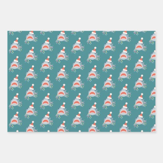 Shark Santa Claus Blue Christmas Holiday Geschenkpapier Set (Vorderseite 3)
