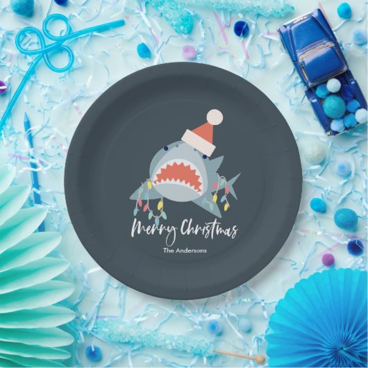 Shark Santa Claus Blue Christmas Holiday Pappteller (Party)