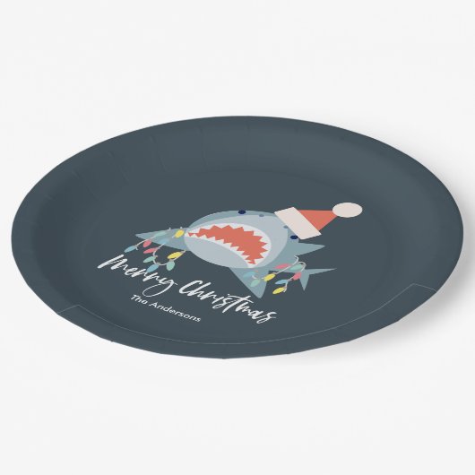 Shark Santa Claus Blue Christmas Holiday Pappteller (Schrägansicht)