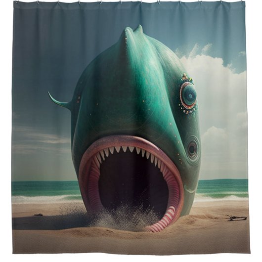 Shark sculpture on the beach duschvorhang (Vorderseite)