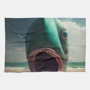 Shark sculpture on the beach geschirrtuch