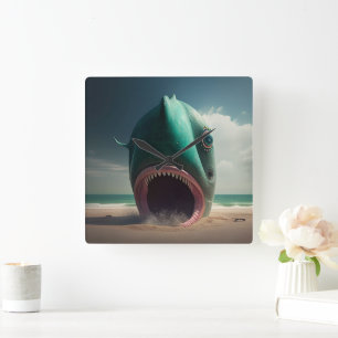 Shark sculpture on the beach quadratische wanduhr