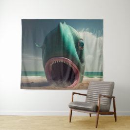 Shark sculpture on the beach wandteppich