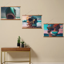 Shark sculpture on the beach wandteppich mit holzrahmen