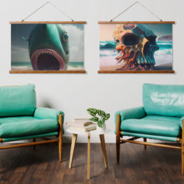 Shark sculpture on the beach wandteppich mit holzrahmen