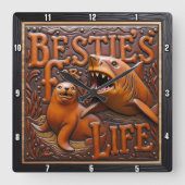 Shark Seal Brown Leather Carving Quadratische Wanduhr (Vorderseite)